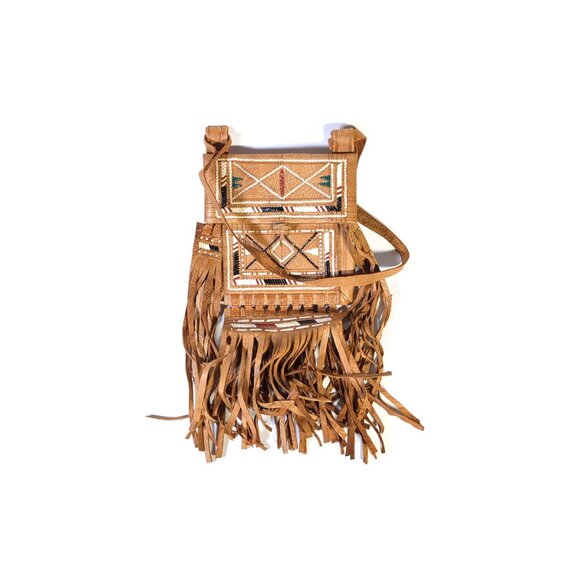 Vintage Moroccan Boho Fringe Bag Tan Leather Embroidered Crossbody - Picture 5 of 5